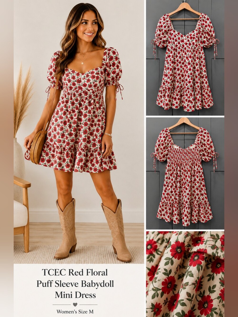 TCEC Red Floral Sweetheart Neck Puff Sleeve Mini Dress Size M